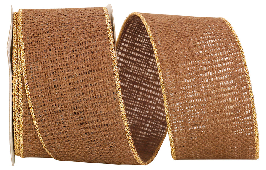 Brown Burlap Wired Edge Ribbon 2-1/2 Inch Gold Edge