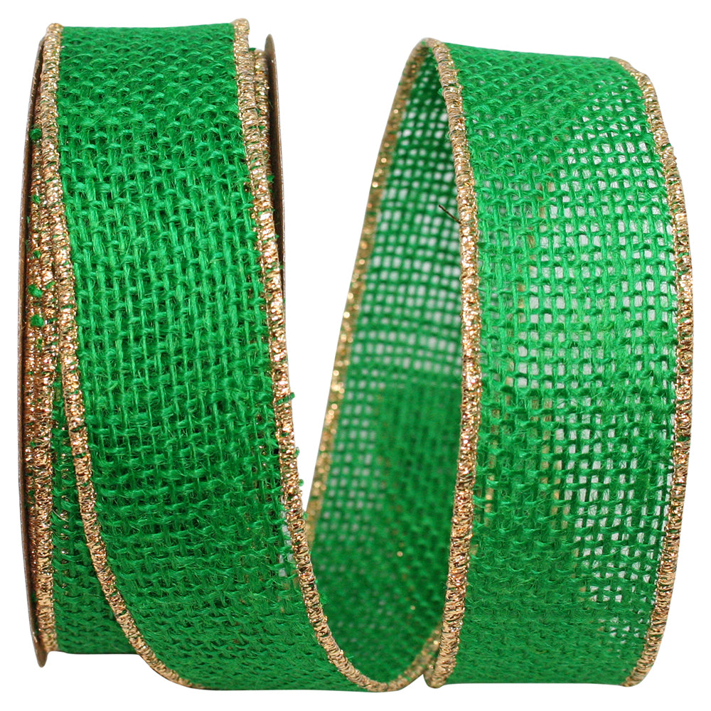 Emerald Burlap Wired Edge Ribbon 1-3/8 Inch Gold Edge