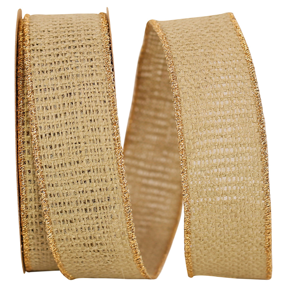 Sage Burlap Wired Edge Ribbon 1-3/8 Inch Gold Edge