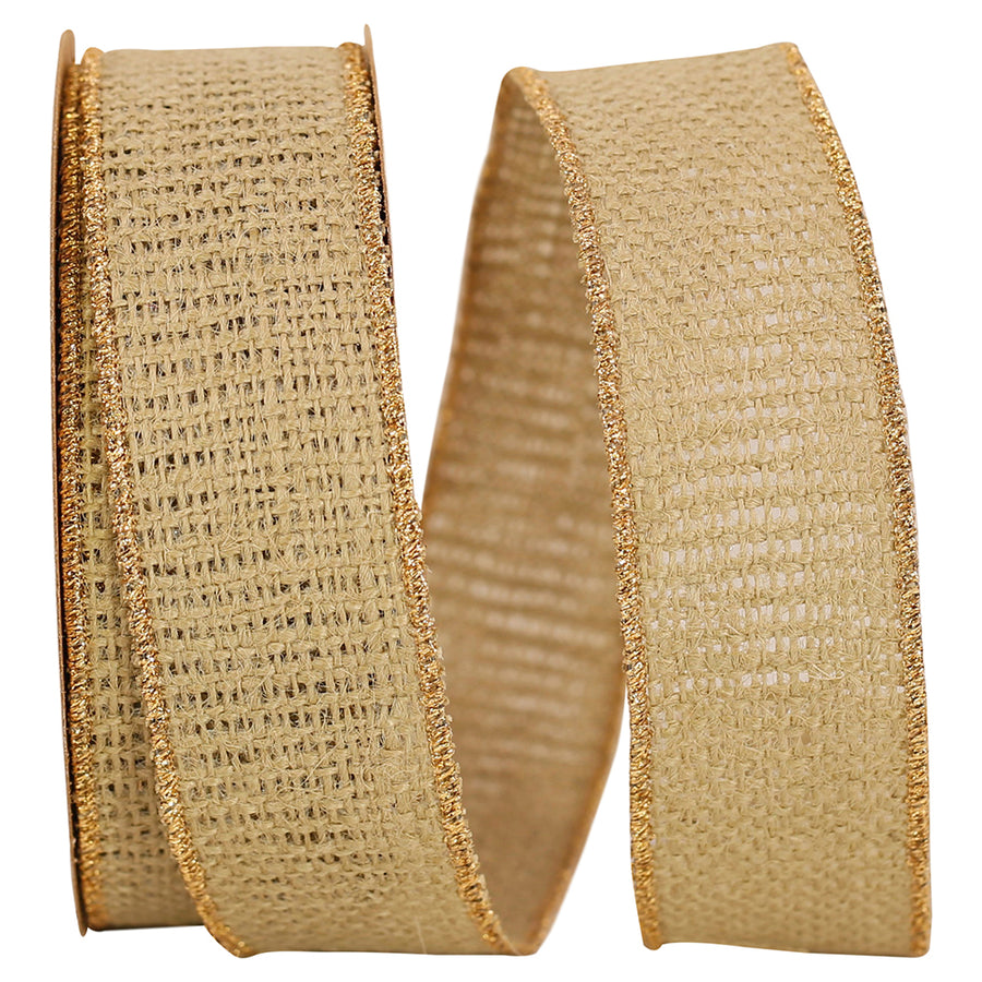 Sage Burlap Wired Edge Ribbon 1-3/8 Inch Gold Edge