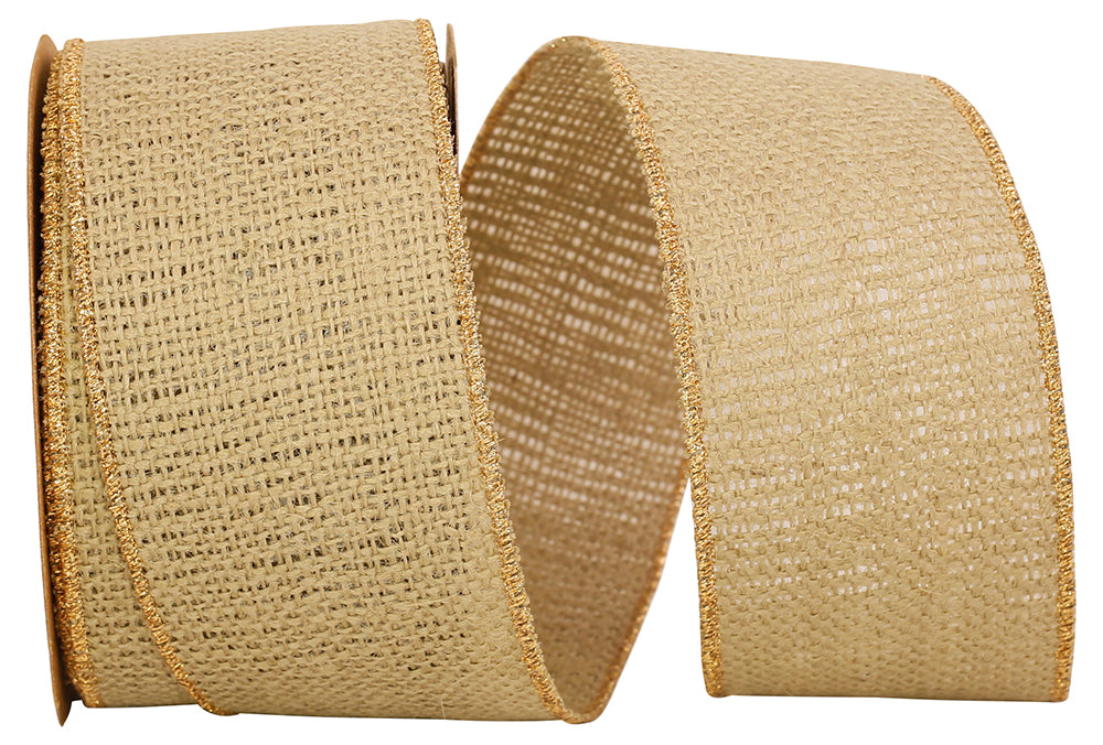 Burlap Wired Edge Ribbon Sage 2-1/2 Inch Gold Edge