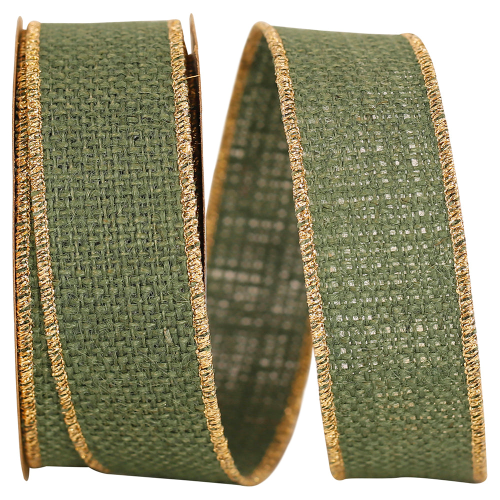 Hunter Burlap Wired Edge Gold Edge Ribbon 1-3/8 Inch