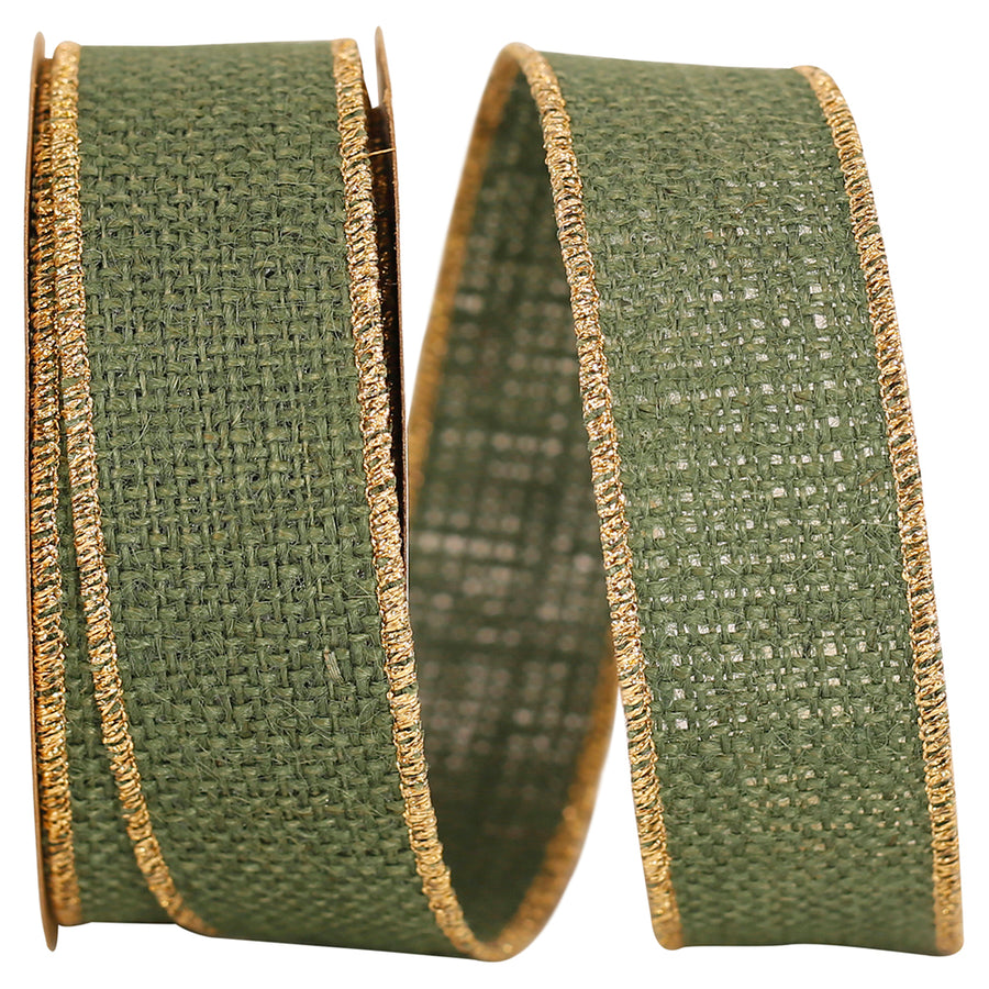 Hunter Burlap Wired Edge Gold Edge Ribbon 1-3/8 Inch