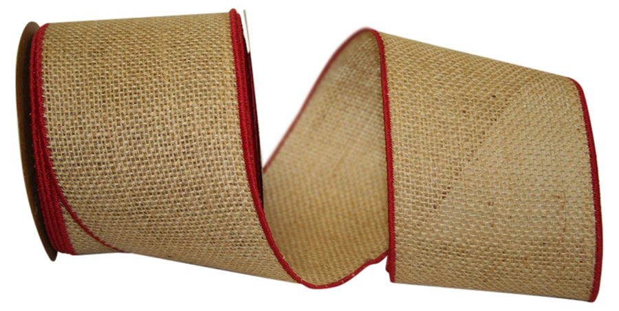 Burlap Bling Wired Edge Ribbon Natural Red 4 Inch