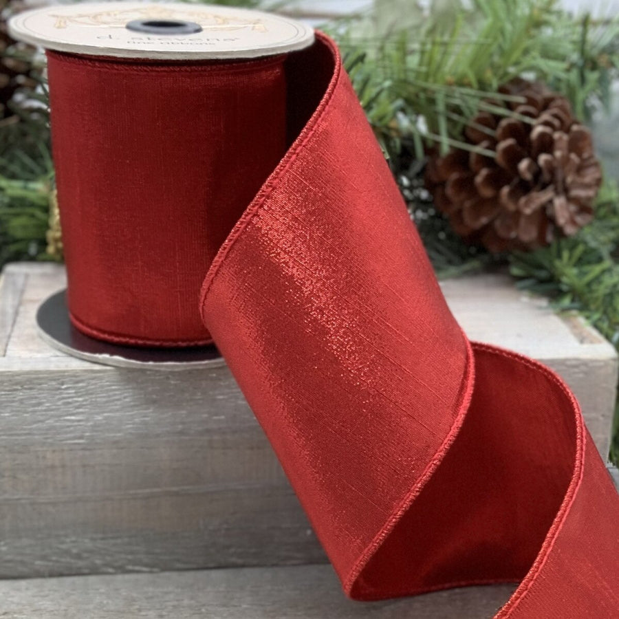 Red Faux Metallic Dupion Ribbon 4 Inch x 10 Yards