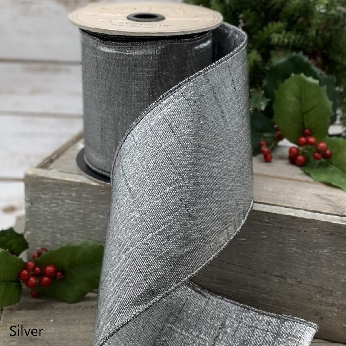 Pewter Metallic Dupion Ribbon 4 Inch x 10 Yards
