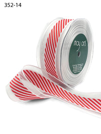 1.5 Inch Christmas White Sheer with Diagonal Stripe Ribbon with Wired Edge – 352-14 RED CENTER STRIPES