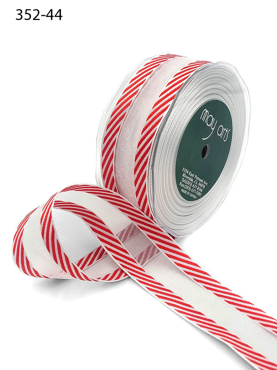 1.5 Inch Christmas White Sheer with Diagonal Stripe Ribbon with Wired Edge – 352-44 RED EDGE STRIPES