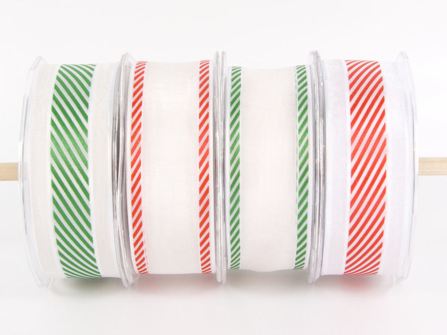 1.5 Inch Christmas White Sheer with Diagonal Stripe Ribbon with Wired Edge