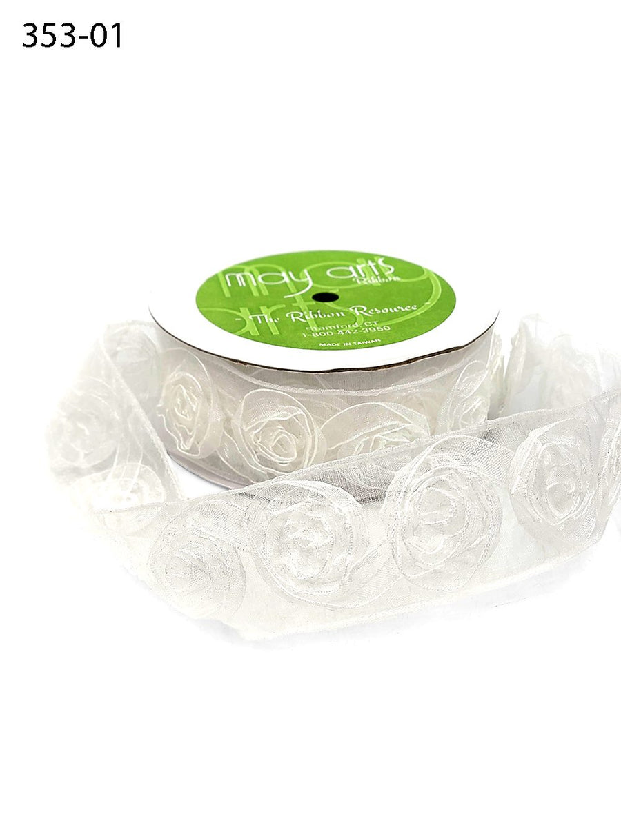1.5 Inch Woven Rosette Organza Ribbon – 353-01 WHITE