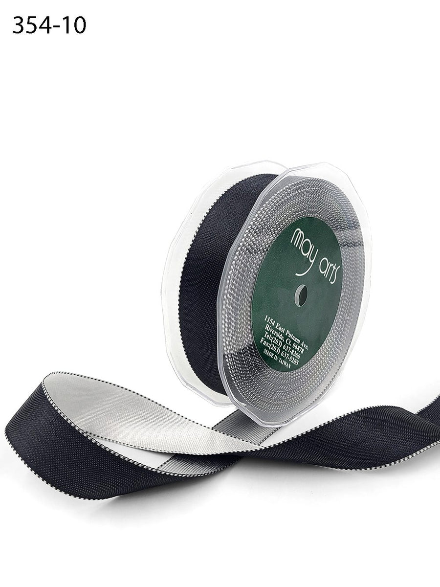1 Inch Satin Reversible Ribbon with Woven Stitched Edge – 354-10 BLACK/SILVER (20 YARDS)