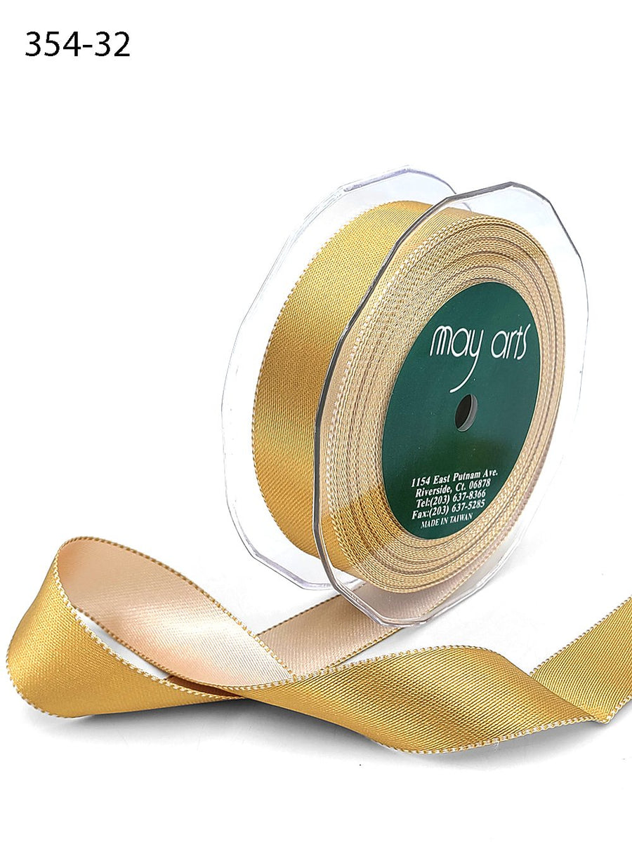 1 Inch Satin Reversible Ribbon with Woven Stitched Edge – 354-32 ANTIQUE GOLD/CHAMPAGNE (20 YARDS)