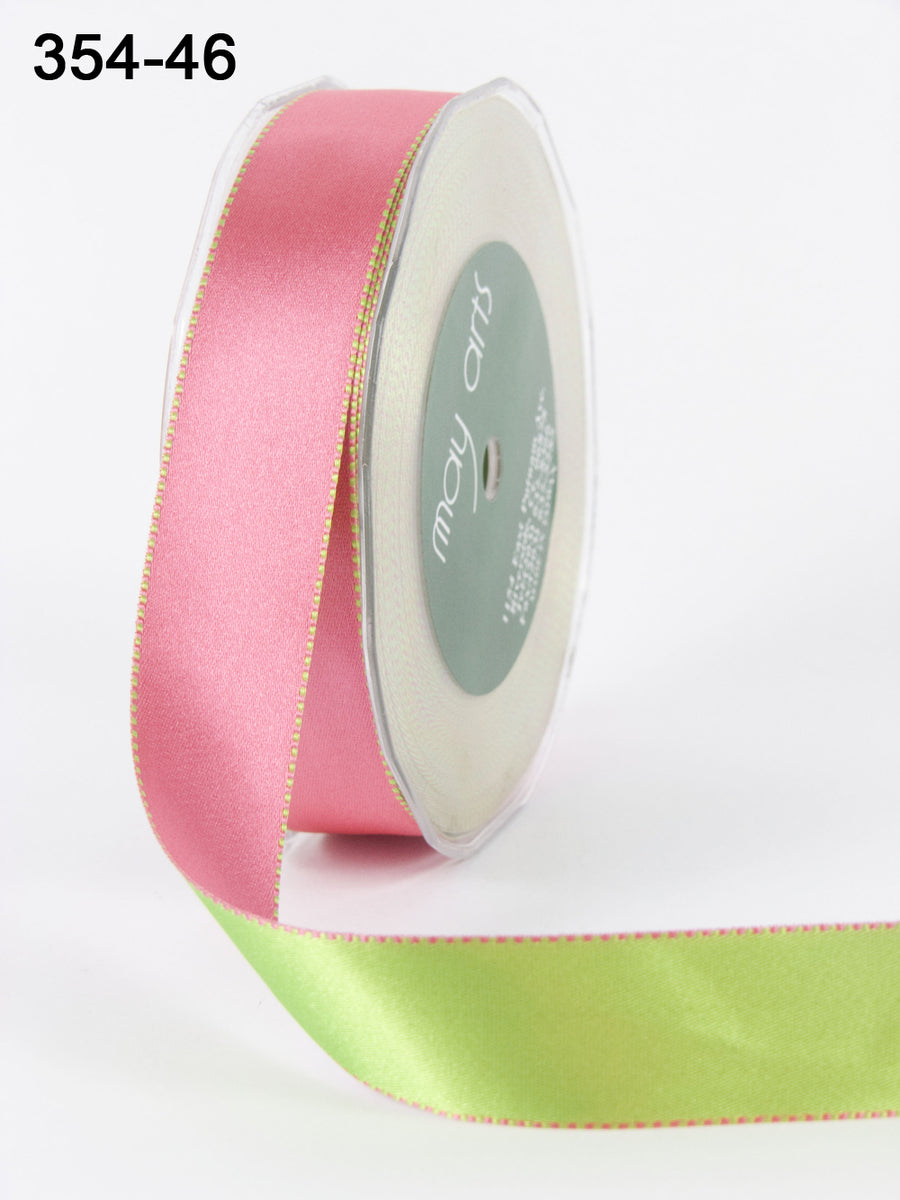 1 Inch Satin Reversible Ribbon with Woven Stitched Edge – 354-46 PINK/GREEN (20 YARDS)