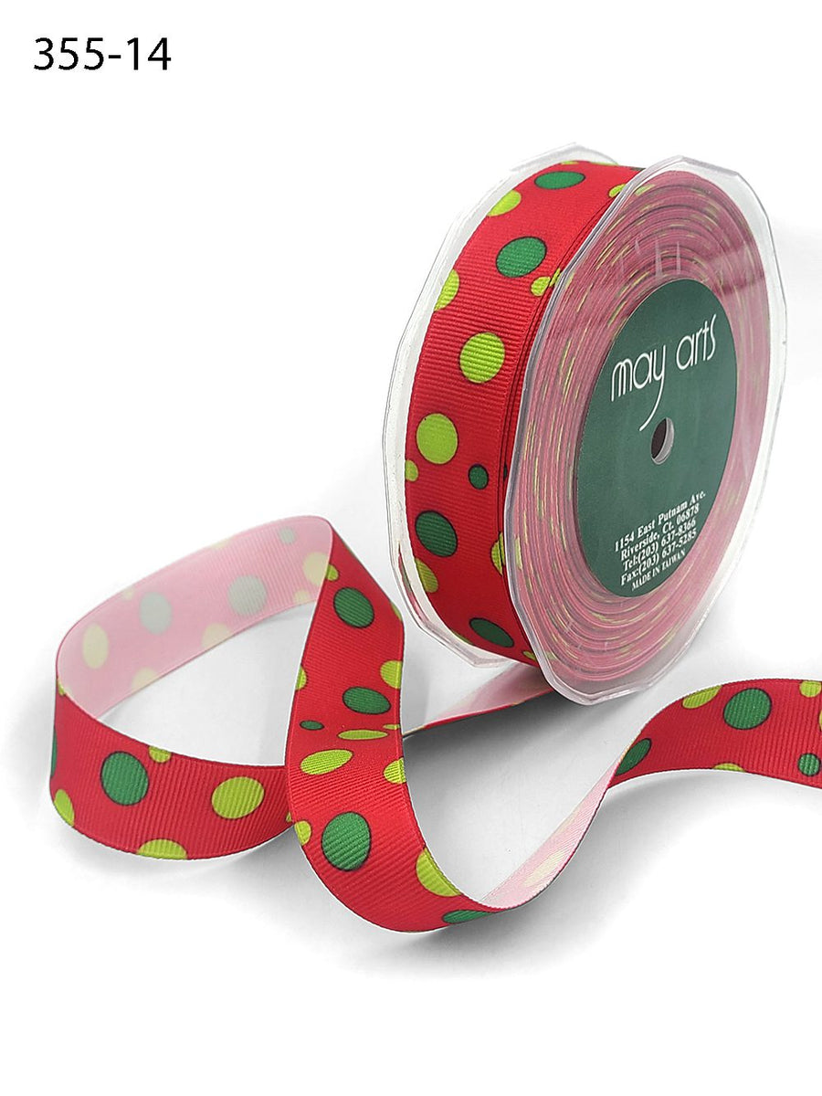 7/8 Inch Bubble Dot Print Grosgrain Ribbon – 355-14 RED/GREEN/PARROT GREEN