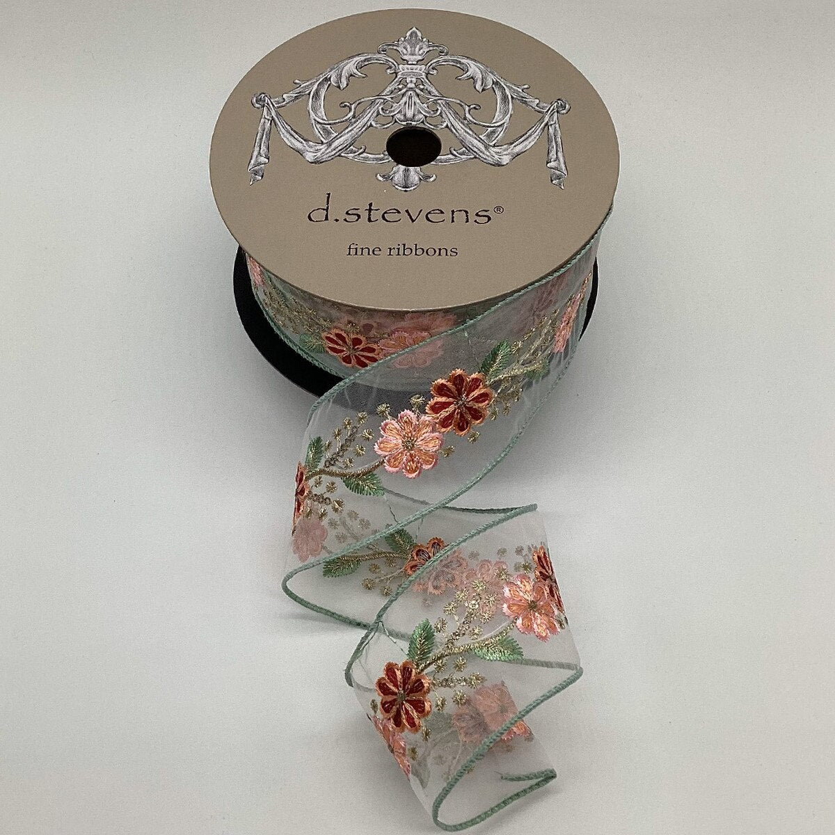 Celadon Ribbon with Sheer Pink Floral Trim 2.5" x 10 Yds