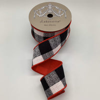 Linen Ribbon Black White Buffalo Check Red Back 2.5