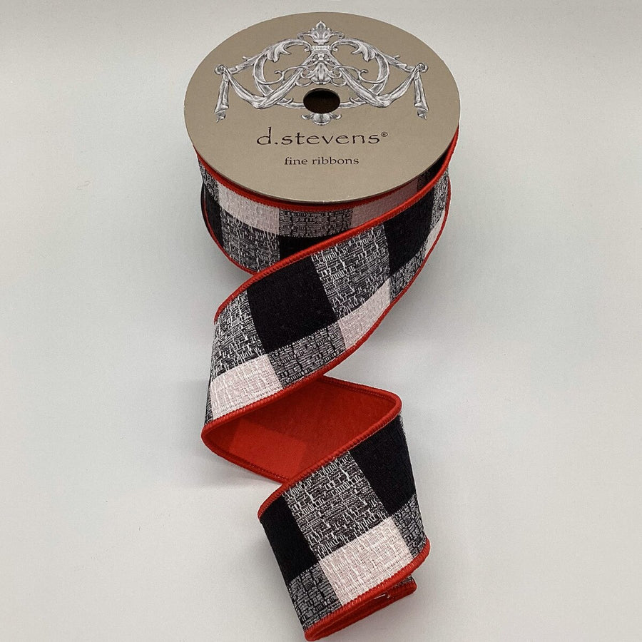 Linen Ribbon Black White Buffalo Check Red Back 2.5" x 10 Yds