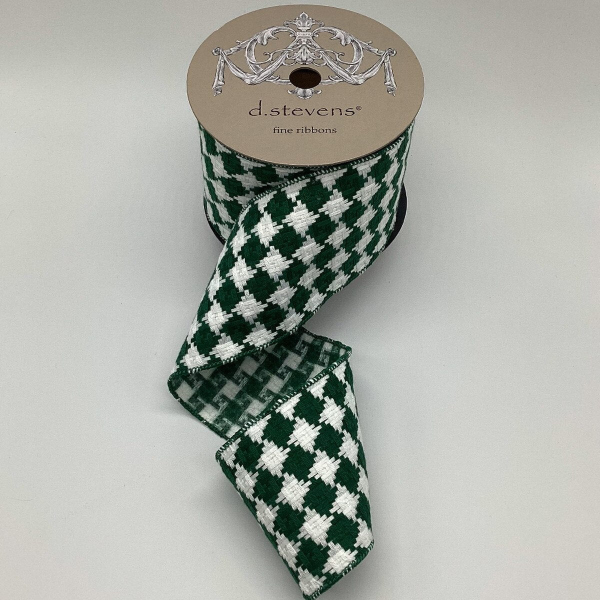 Knit Christmas Sweater Checks White Green Ribbon 4" x 10 Yds
