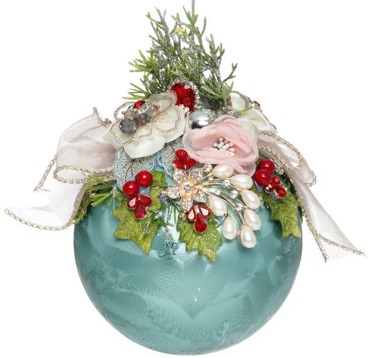 Floral Jeweled Ball Ornament, Frosted, Blue - 6.5 Inches
