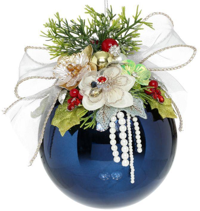 Floral Jeweled Ball Ornament, Shiny, Dark Blue - 6.5 Inches