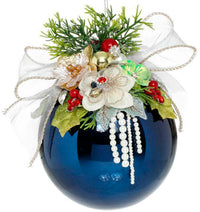 Floral Jeweled Ball Ornament, Shiny, Dark Blue - 6.5 Inches