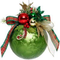 Floral Jeweled Ball Ornament, Frosted, Dark Green - 6 Inches