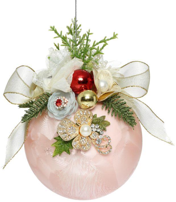 Floral Jeweled Ball Ornament, Frosted, Pink- 6 Inches