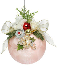 Floral Jeweled Ball Ornament, Frosted, Pink- 6 Inches