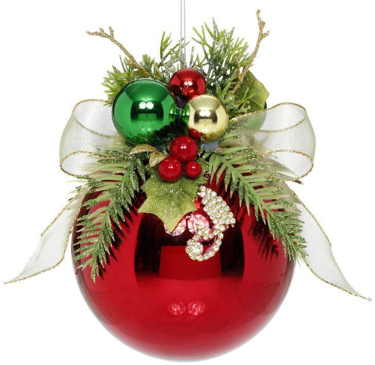 Floral Jeweled Ball Ornament, Shiny, Red - 6 Inches