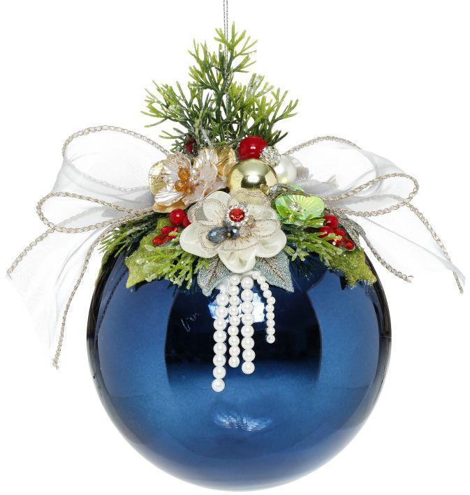 Floral Jeweled Ornament, Shiny, Dark Blue - 7.5 Inches