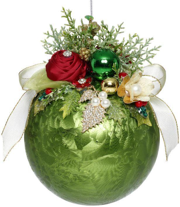 Floral Jeweled Ornament, Frosted, Dark Green - 8 Inches