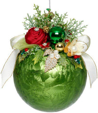 Floral Jeweled Ornament, Frosted, Dark Green - 8 Inches