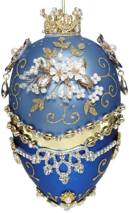 Faberge Jewel Egg Ornament , Blue - 7.5 Inches