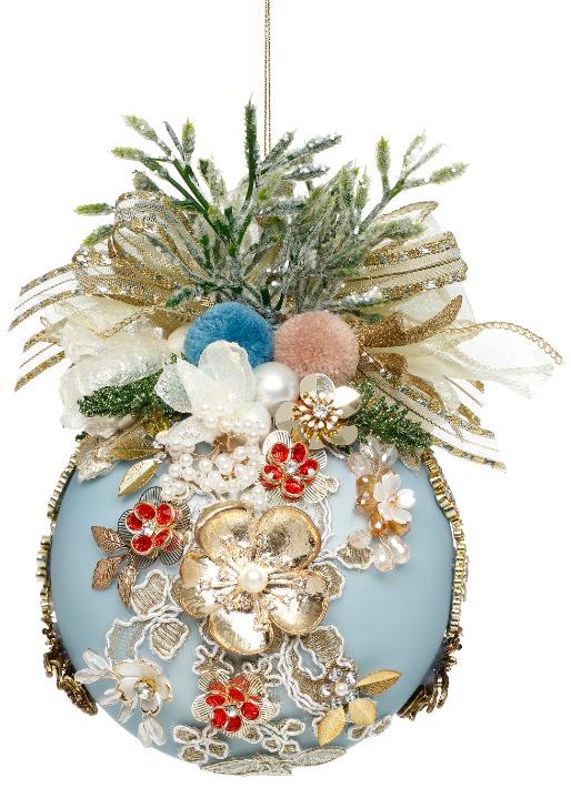 Floral Jeweled Ball Ornament, Blue - 5 Inches