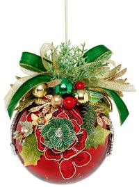 Floral Jeweled Ball Ornament, Shiny, Red - 5 Inches