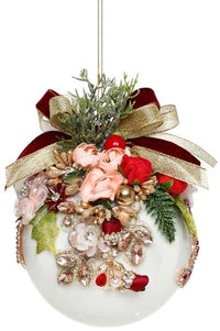 Floral Jeweled Ball Ornament, White - 5 Inches