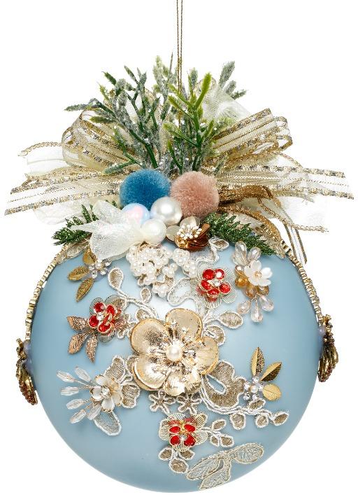 Floral Jeweled Ornament, Blue - 6 Inches