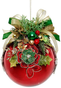 Floral Jeweled Ornament, Shiny Red -  6 Inches