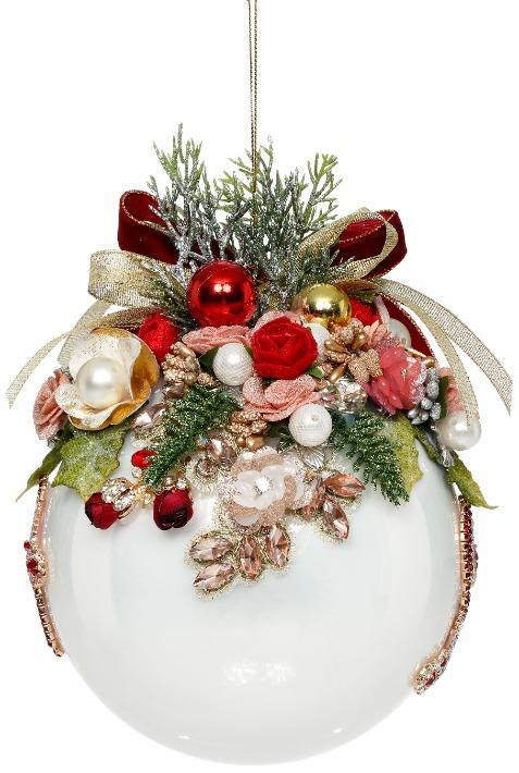 Floral Jeweled Ornament, White - 6 Inches