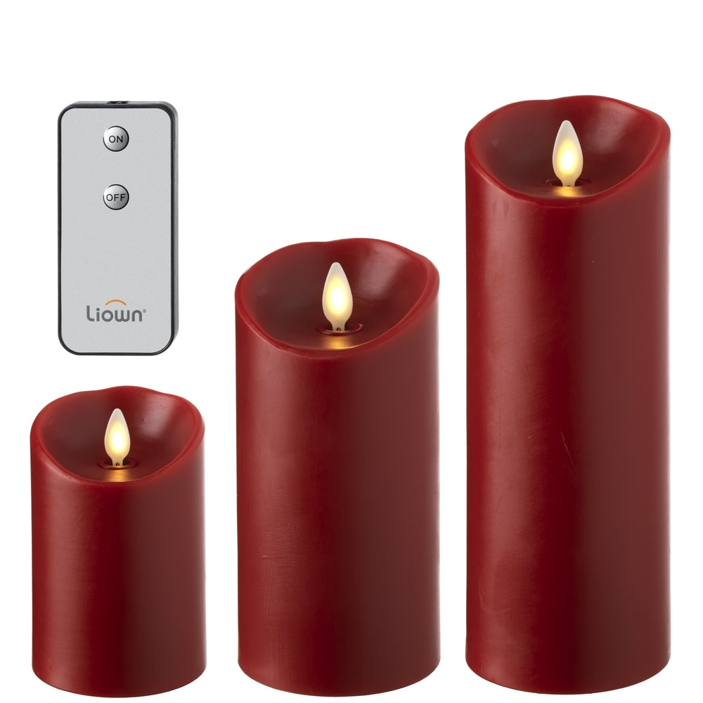 *SB** 8" Push Flame Red Pillar Candles With Remote, Set/3