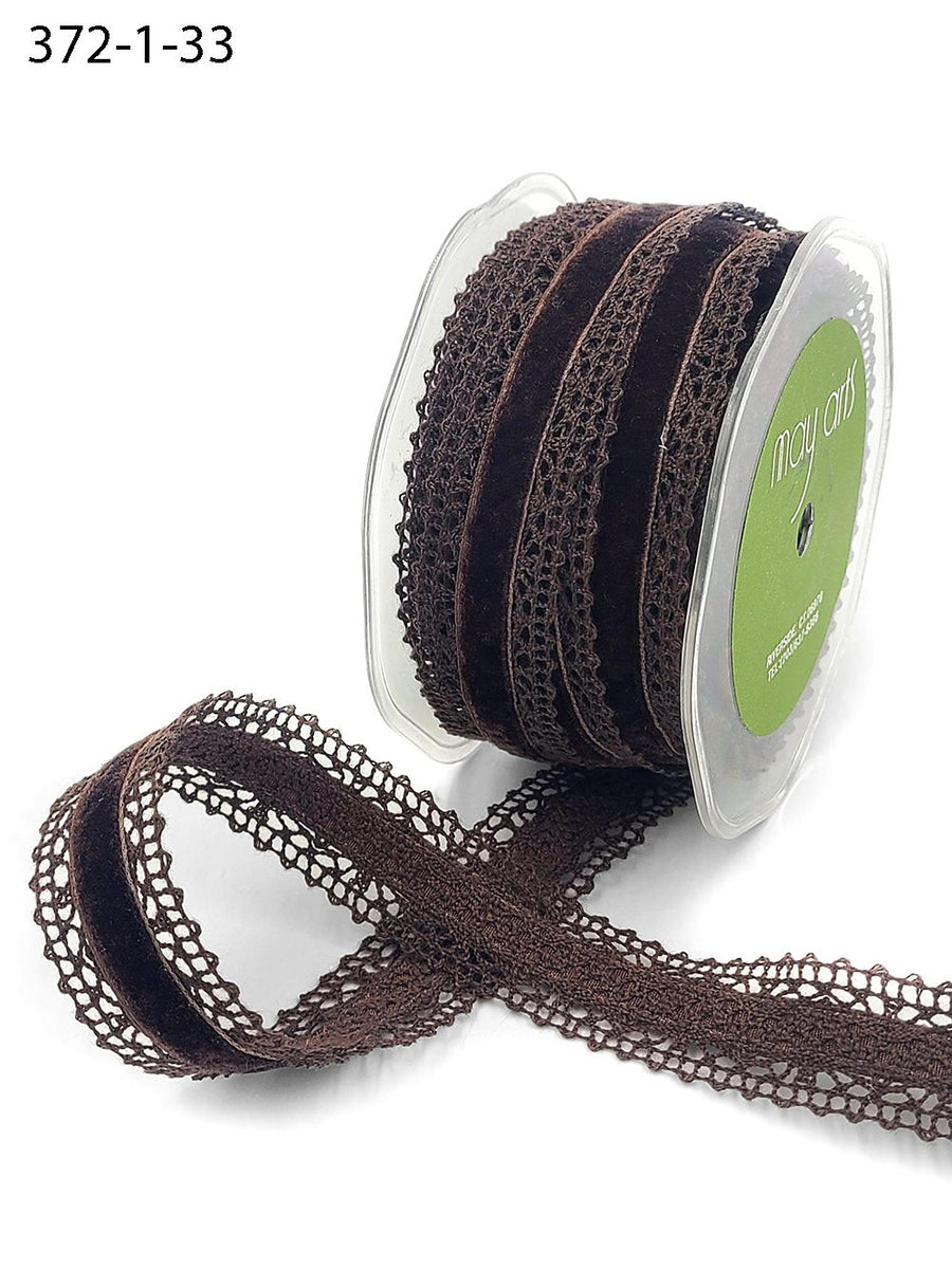 1 Inch Crochet with Velvet Center Ribbon – 372-1-33 BROWN/BROWN