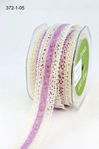 1.5 Inch Crochet with Velvet Center Ribbon – 372-15-05 IVORY/LAVENDER