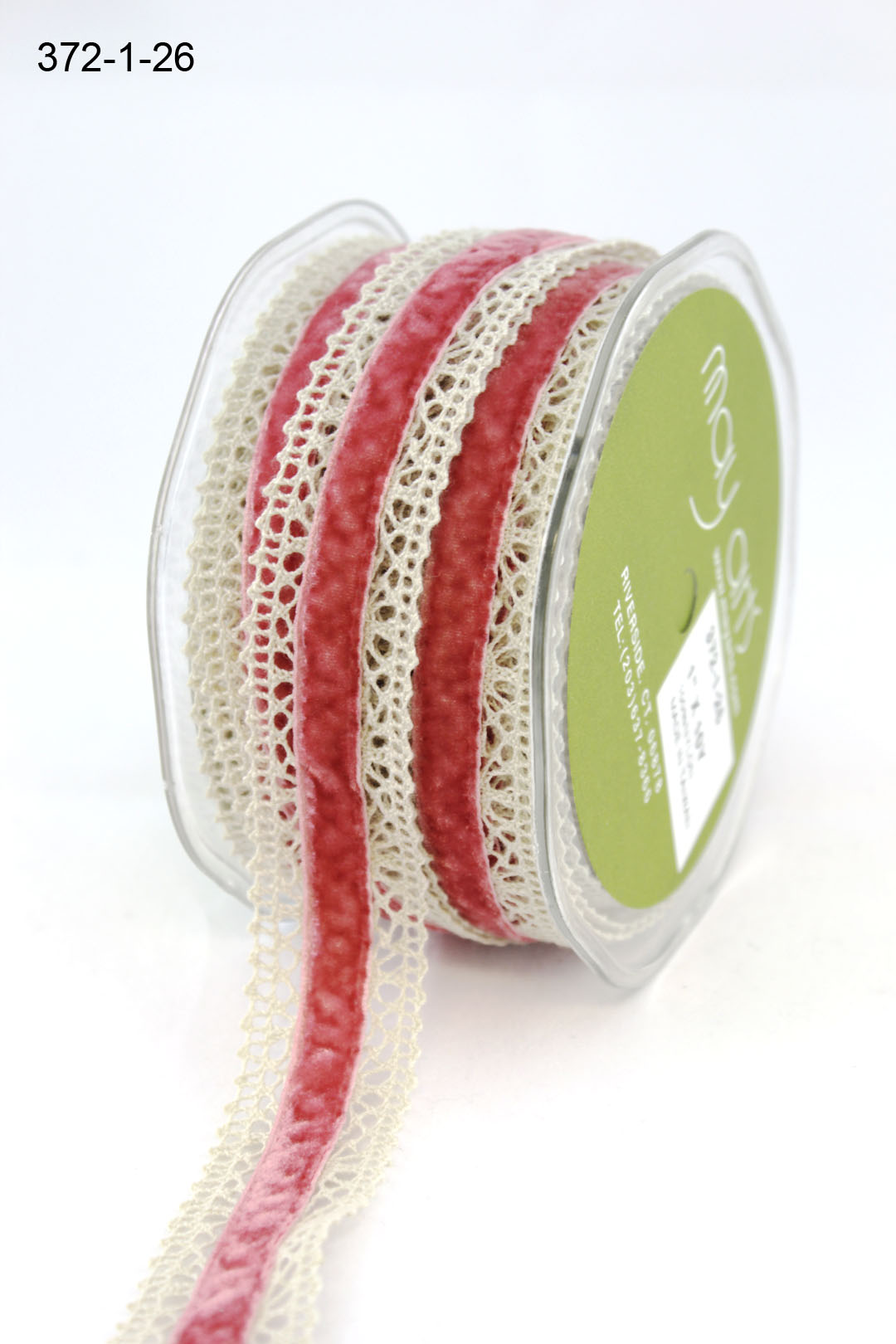 1.5 Inch Crochet with Velvet Center Ribbon – 372-15-26 IVORY/ROSE