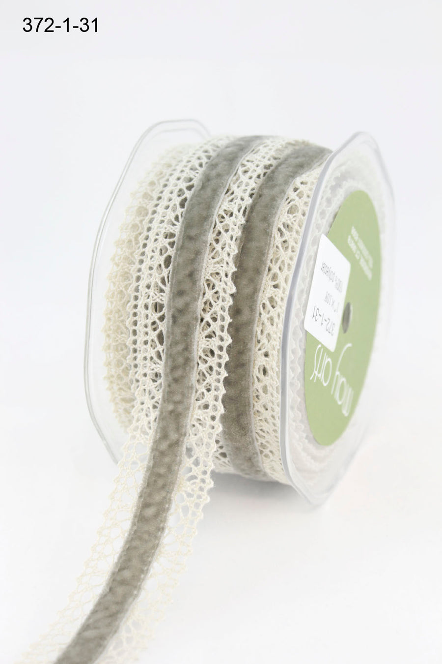 1.5 Inch Crochet with Velvet Center Ribbon – 372-15-31 IVORY/GRAY