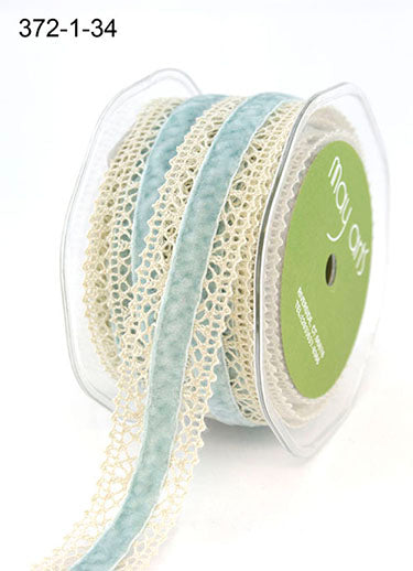 1.5 Inch Crochet with Velvet Center Ribbon – 372-15-34 IVORY/LIGHT BLUE