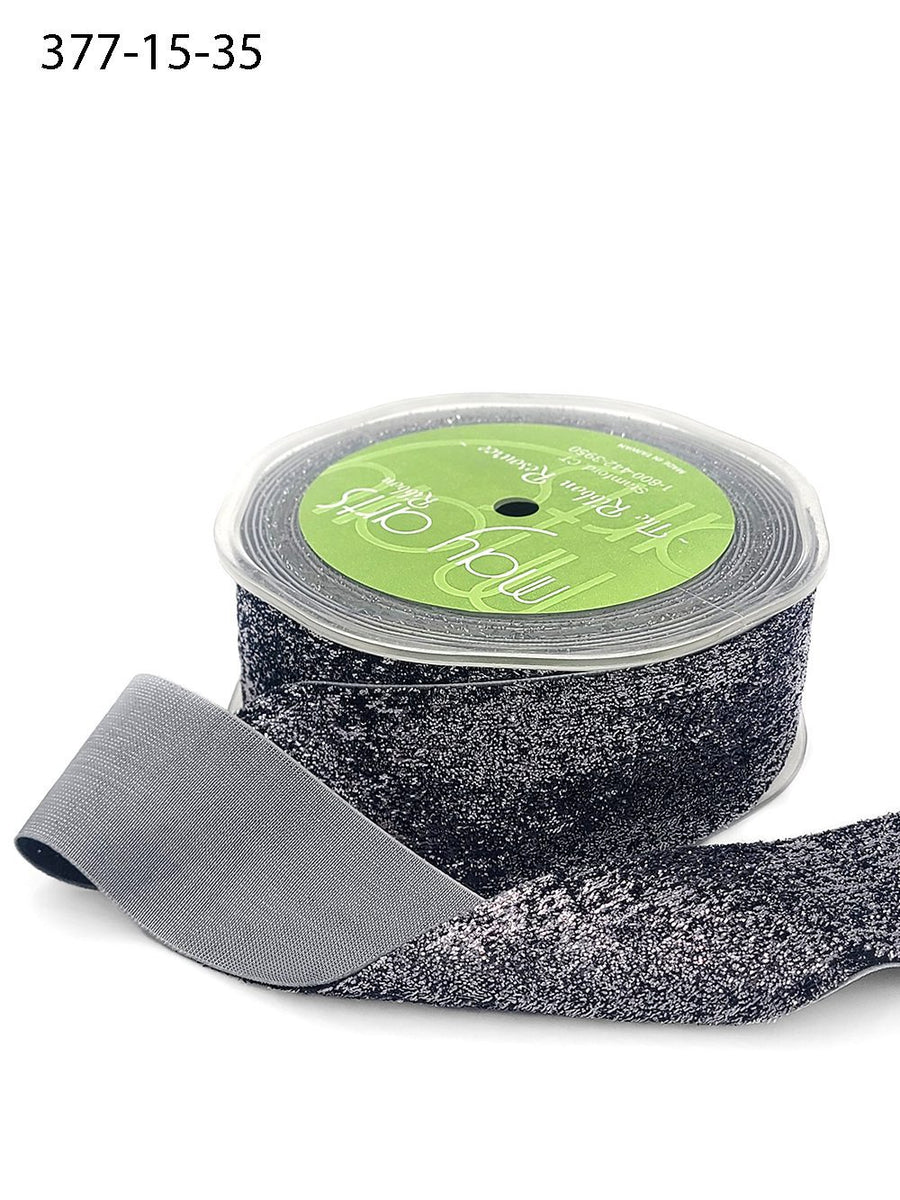 1.5 Inch Woven Metallic Velvet Ribbon with Woven Edge – 377-15-35 Dark Silver