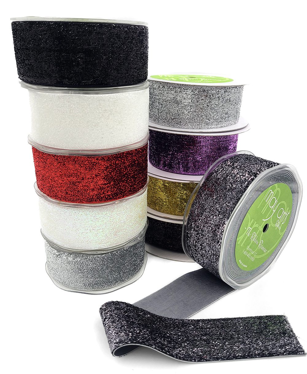 1.5 Inch Woven Metallic Velvet Ribbon with Woven Edge