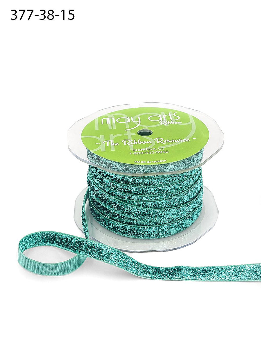 3/8 Inch Woven Metallic Velvet Ribbon with Woven Edge – 377-38-15 TEAL