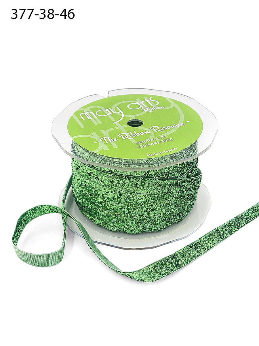 3/8 Inch Woven Metallic Velvet Ribbon with Woven Edge – 377-38-46 PARROT GREEN