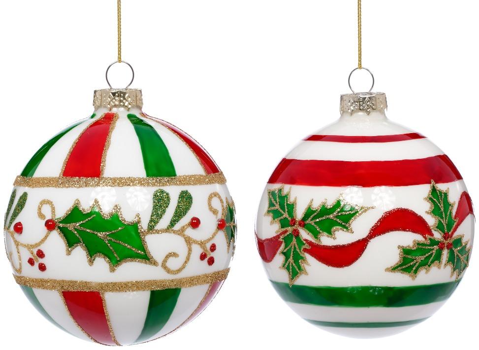 Holly Ribbon Ball Ornament, Box of 6 - 4 Inches